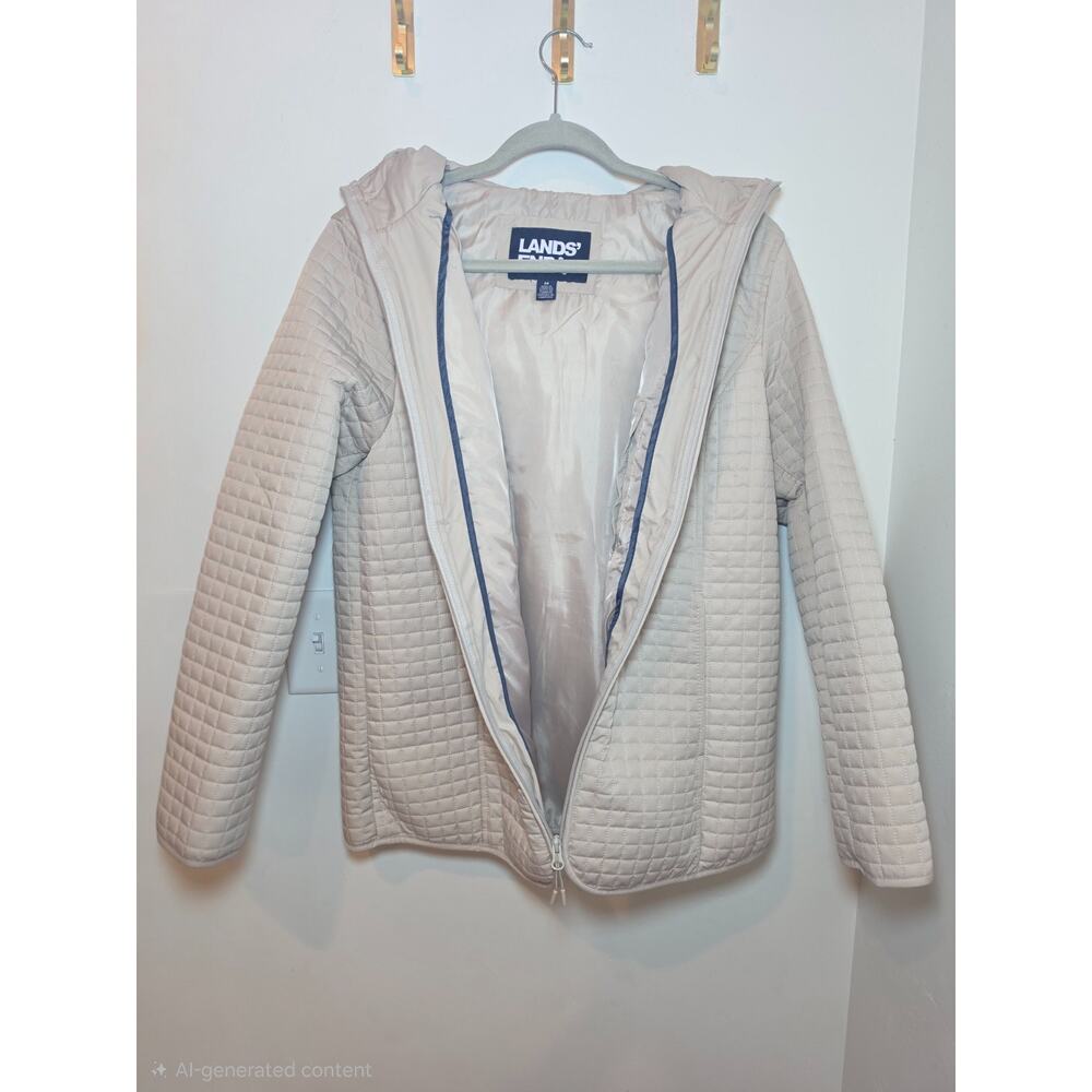 Lands End Hooded Puffer Jacket Womens M Ice Tan Lightweight Quilted Coat - Picture 7 of 9